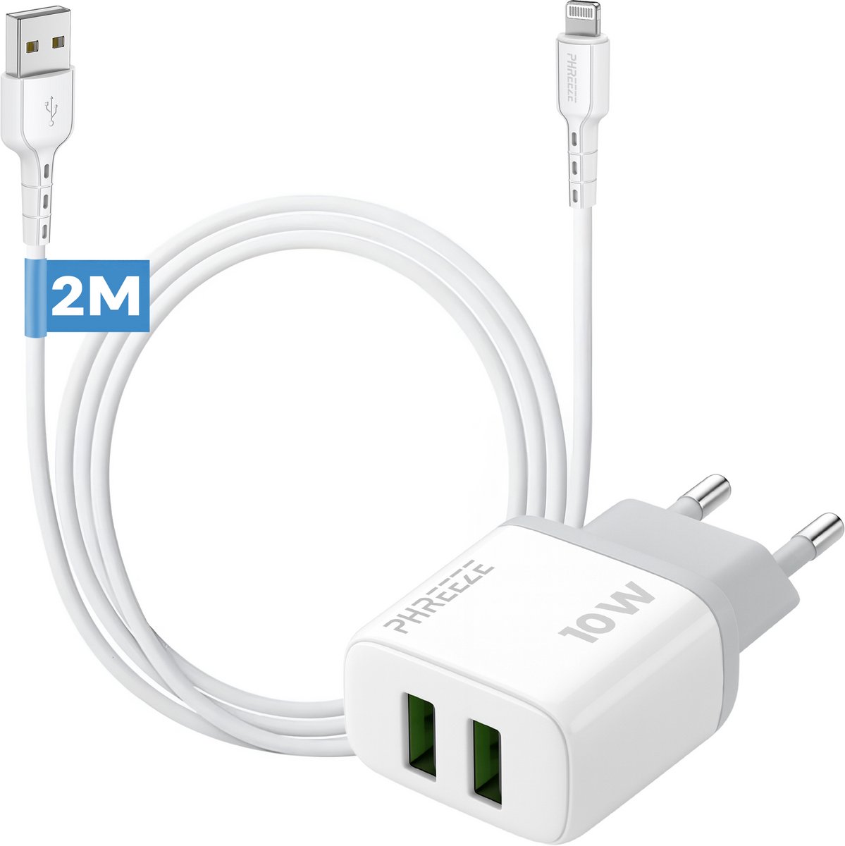 Phreeze usb oplader 12 W - Oplader kabel geschikt voor iPhone 14 13 12 11 X XR XS Max Pro Mini Plus en iPad met Lightning - 2 meter - Oplaadstekker