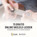 Close-up van iemand die een ukelele speelt met tekst over online ukelelelessen.