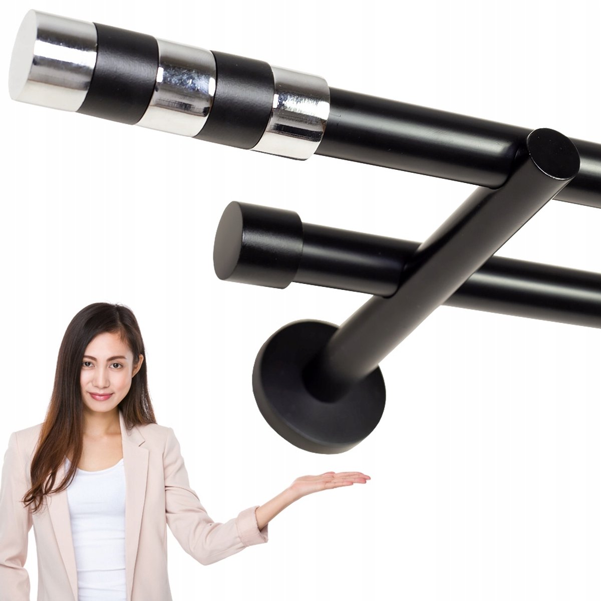 Dubbele Gordijnstang 400cm Zwart Mat Metaal 19mm Cilinder