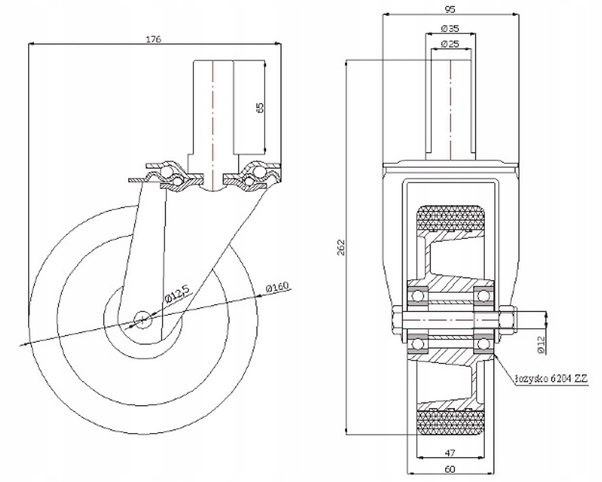 Aluminium-Polyurethaan Zwenkwiel met Pen, 200 kg, Ø 160 mm
