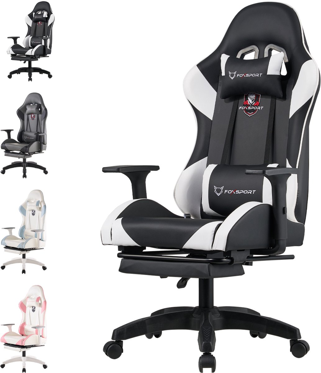 FOXSPORT Gaming stoel - Gamestoel mit 90°-155° Rugleuning - Verstelbare Rug- en Armleuningen - Met lendensteun en hoofdsteun - Ergonomisch - Max Gewicht 150 kg - Zwart/Wit