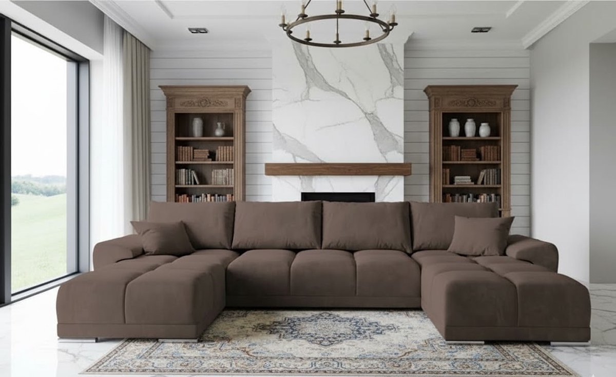 Hoekbank met Slaapfunctie U-vorm 365x189 cm – Luxe Fluwelen Slaapbank met Opbergruimte en Bedfunctie – Comfortabele Grote U-Hoekbank met Kussens – Bruin – Ganeey