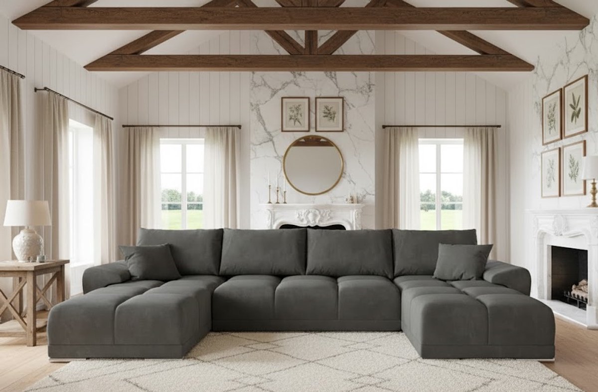 Hoekbank met Slaapfunctie U-vorm 365x189 cm – Luxe Donkergrijze Fluwelen Slaapbank met Opbergruimte en Bedfunctie – Comfortabele Grote U-Hoekbank met Kussens – Ganeey