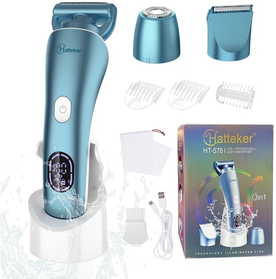 Hatteker 3-in-1 dames scheerapparaat set met accessoires, laadstation, USB-kabel en verpakking.