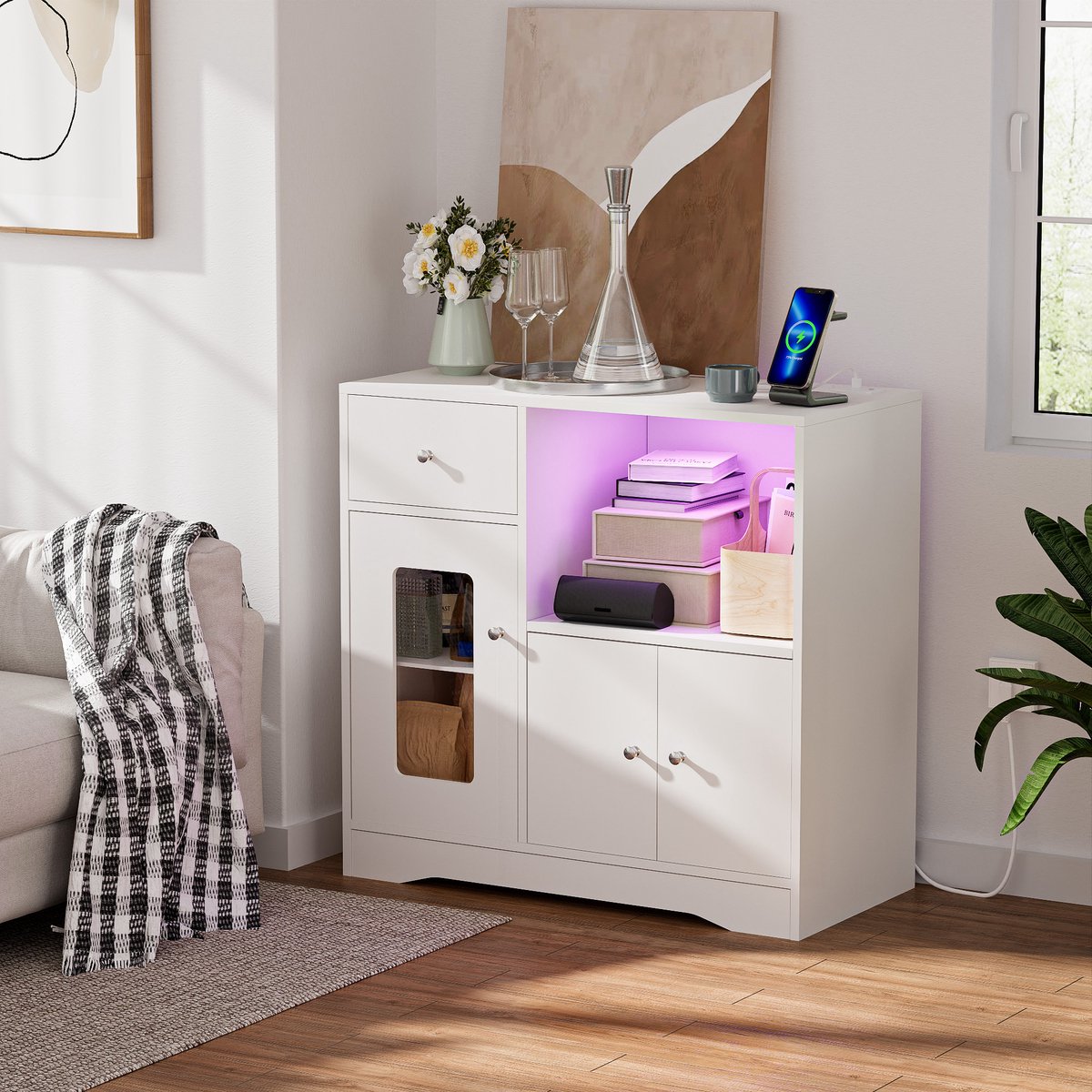 Witte kast - verlichte kast - houten kast met laadstation - 2 stopcontacten/2 USB-poorten - met één lade en twee deuren - ingebouwd magnetronrek - geschikt voor keuken en woonkamer - Europese standaardstekker -