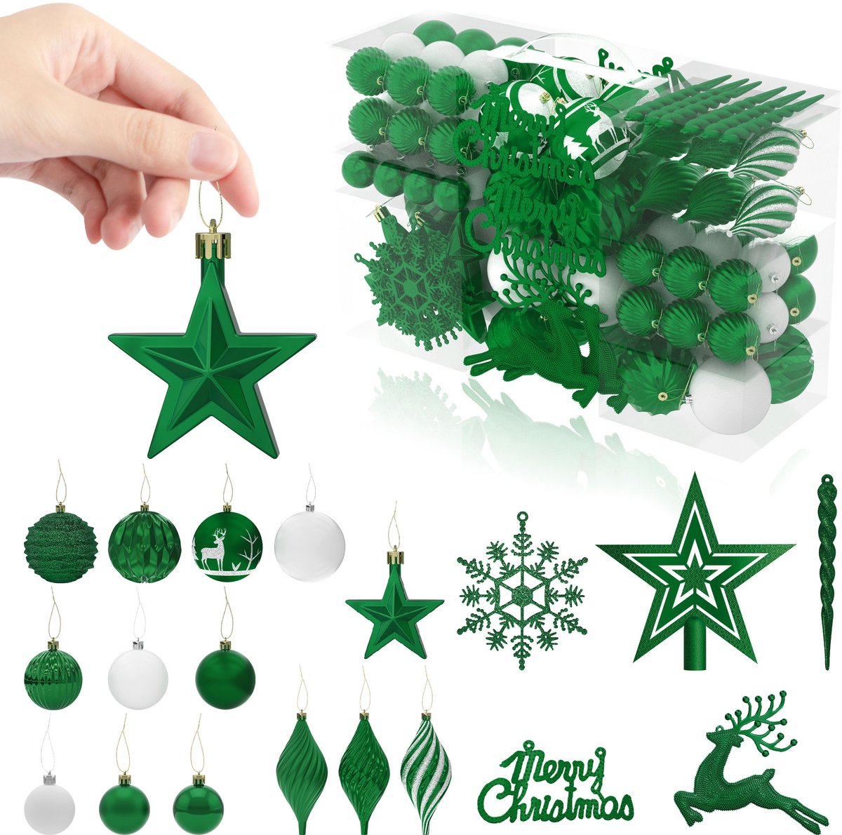 Aufun Kerstballen – Kunststof 108 stuks – Dunkelgroen – Hangende Kerstboomversiering