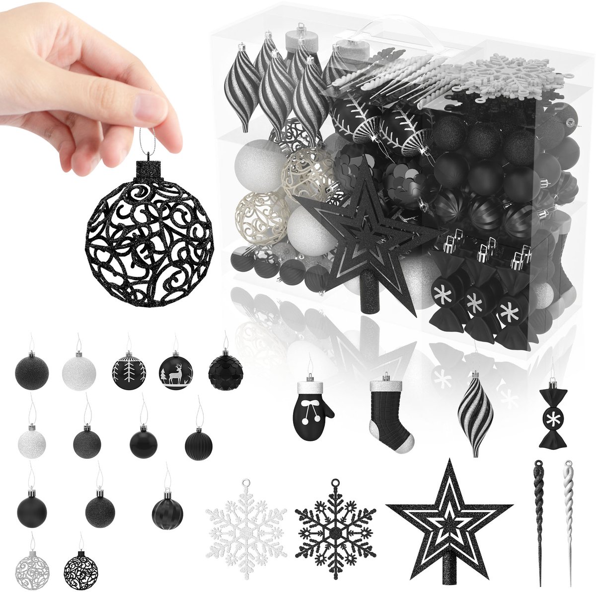 Aufun Kerstballen – Kunststof 138 stuks – Zwart – Hangende Kerstboomversiering