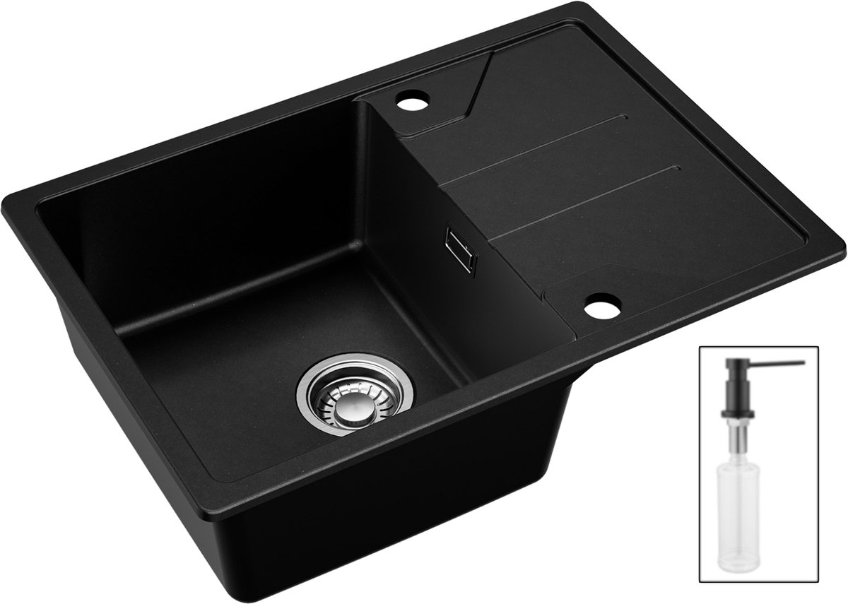 DERW MAX Granieten Spoelbak voor keuken 65x45cm - Enkele Spoelbakken Met Zeepdispenser - Onderbouw Spoelbak Zwart - Met Planchet en Waterafvoersysteem - Voor 45 cm Kast