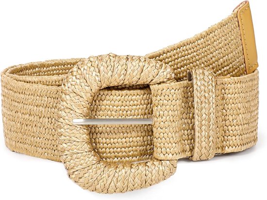 Beige stro geweven elastische riem met grote bruine kunstleren gesp.