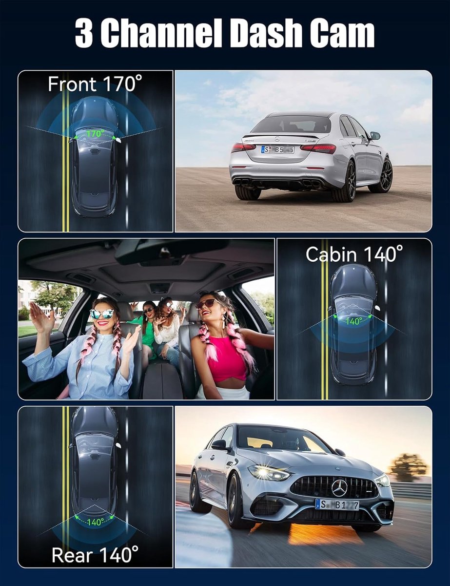 4K dashcam voor de auto - voor en achter met hardwire kit, wifi dashcam met parkeerbewaking, 64 GB SD-kaart, 3-kanaals autocamera met nachtzicht, 170° groothoek, WDR, G-sensor, loopopname – foto 4