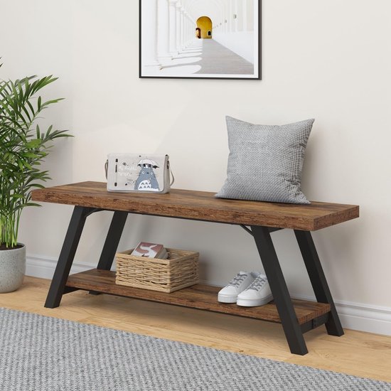 Banc de rangement en bois et métal 120 cm – Banc rustique marron avec étagère à chaussures et espace de rangement – ​​Banc industriel pour entrée, chambre, salle à manger, salon – Banc en bois robuste – HomeByNicole