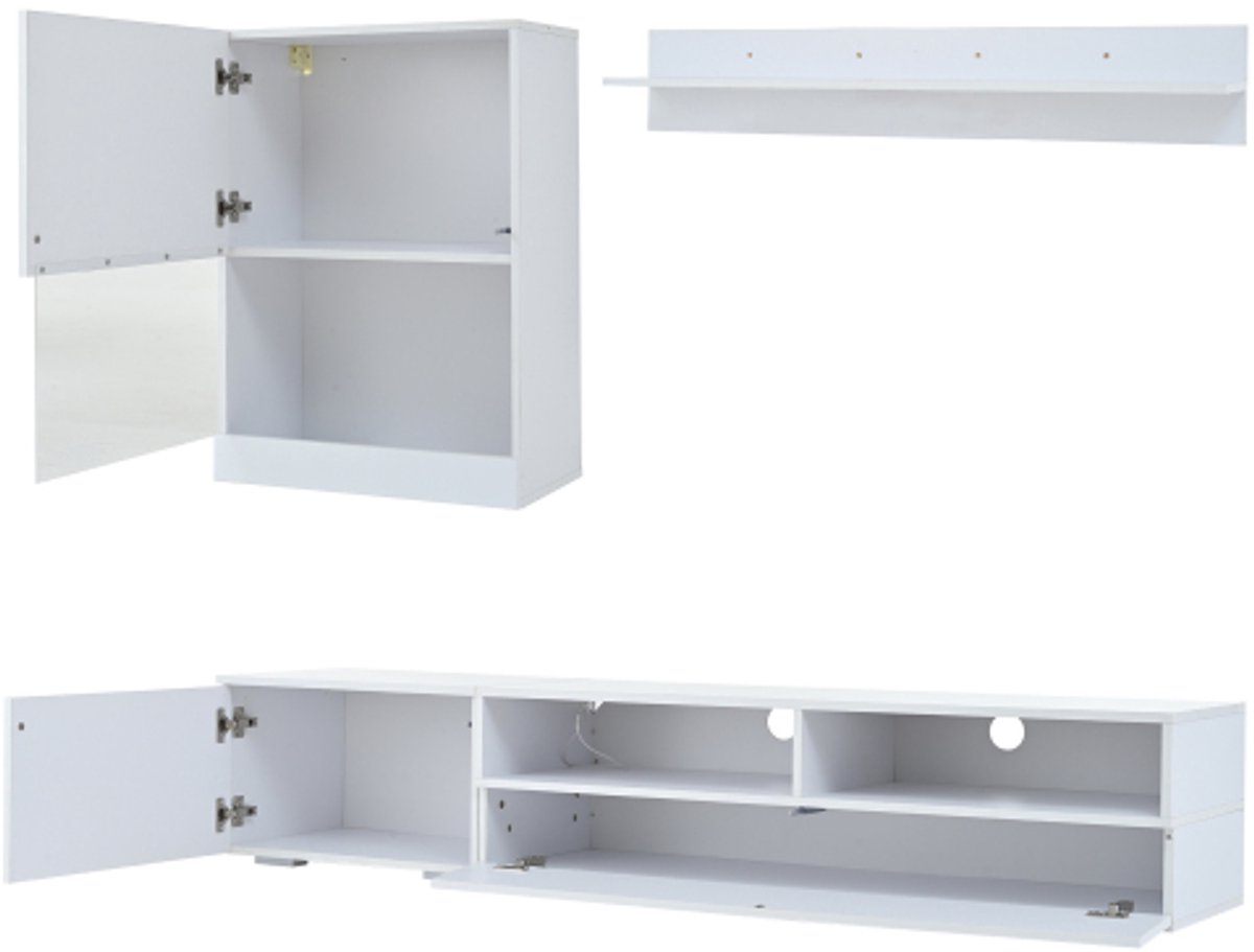 TV Wandmeubelset 175x39x34cm Wit Hoogglans 3-Delige Set Met LED Vitrinekast TV-Meubel Wand