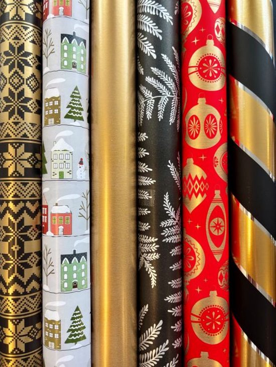 Inpakpapier Kerstmis 6 Luxe Rollen- Breedte 70 cm - 2m lang