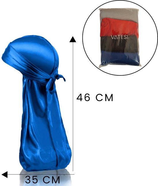 Blauwe durag met afmetingen 35x46cm. Verpakt met zwarte, rode en grijze durags.
