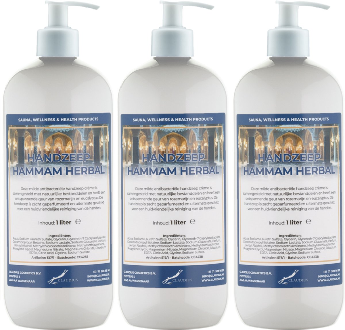 Handzeep Hammam Herbal 1 liter - set van 3 stuks - met gratis pomp - Voordeelverpakking