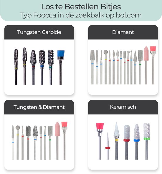 FOOCCA® Elektrische Nagelvijl - Nagelfrees 20000 RPM - Bedraad - FOOCCA Pen - 12 Bitjes + 55 Schuurrolletjes - Manicure en Pedicure Set - Ergonomische Aluminium Behuizing - Eeltverwijderaar - Kalknagels