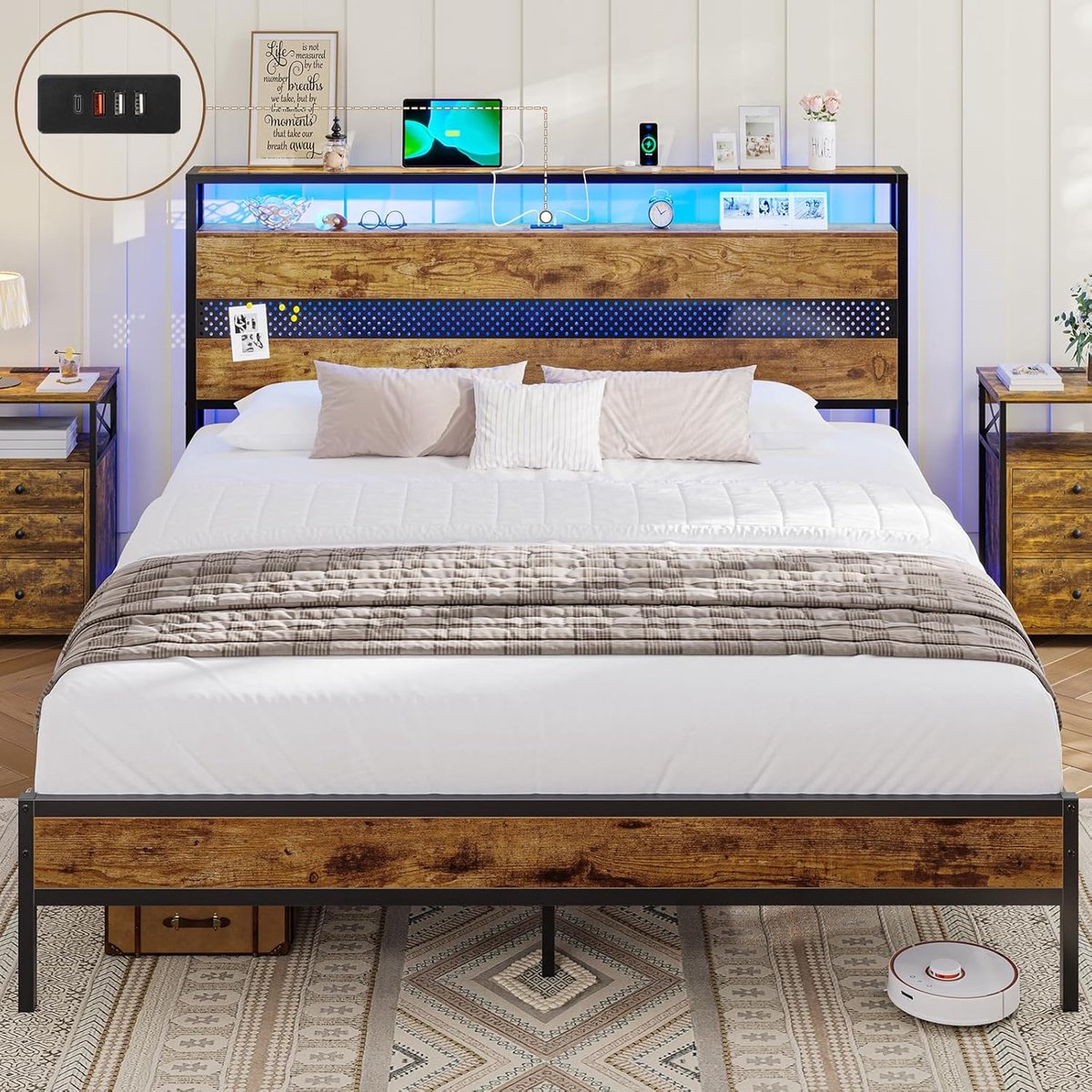 Tweepersoons Bed 160x200 cm Met Metalen Lattenbodem, RGB LED-verlichting, USB- en Stopcontact Oplaadstation, Opbergruimte Onder Bed, Industrieel Stijlvol Bedframe Voor Slaapkamer en Logeerkamer