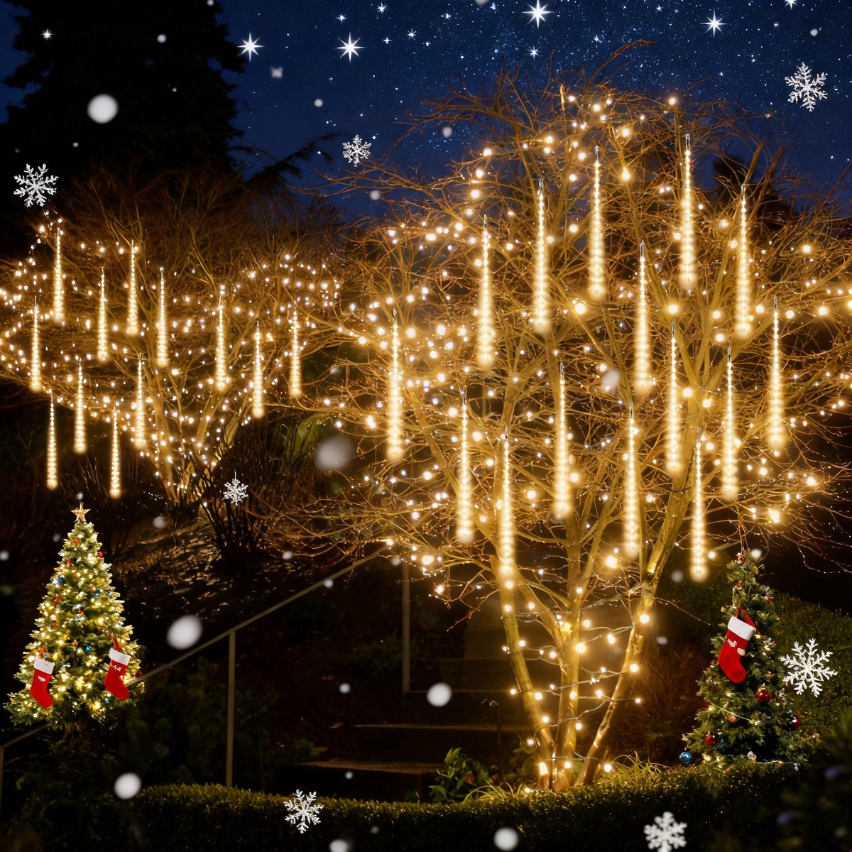 MUPOO Kerstverlichting Buiten - LED Meteorenregen Verlichting 30CM met 8 Transparante Buizen, 360° Verlichting Koppelbaar - Energiezuinige Vallende Sneeuw Lichtjes voor Kerstboom, Trouwerijen, Feestdecoratie en Tuin - Warm Wit