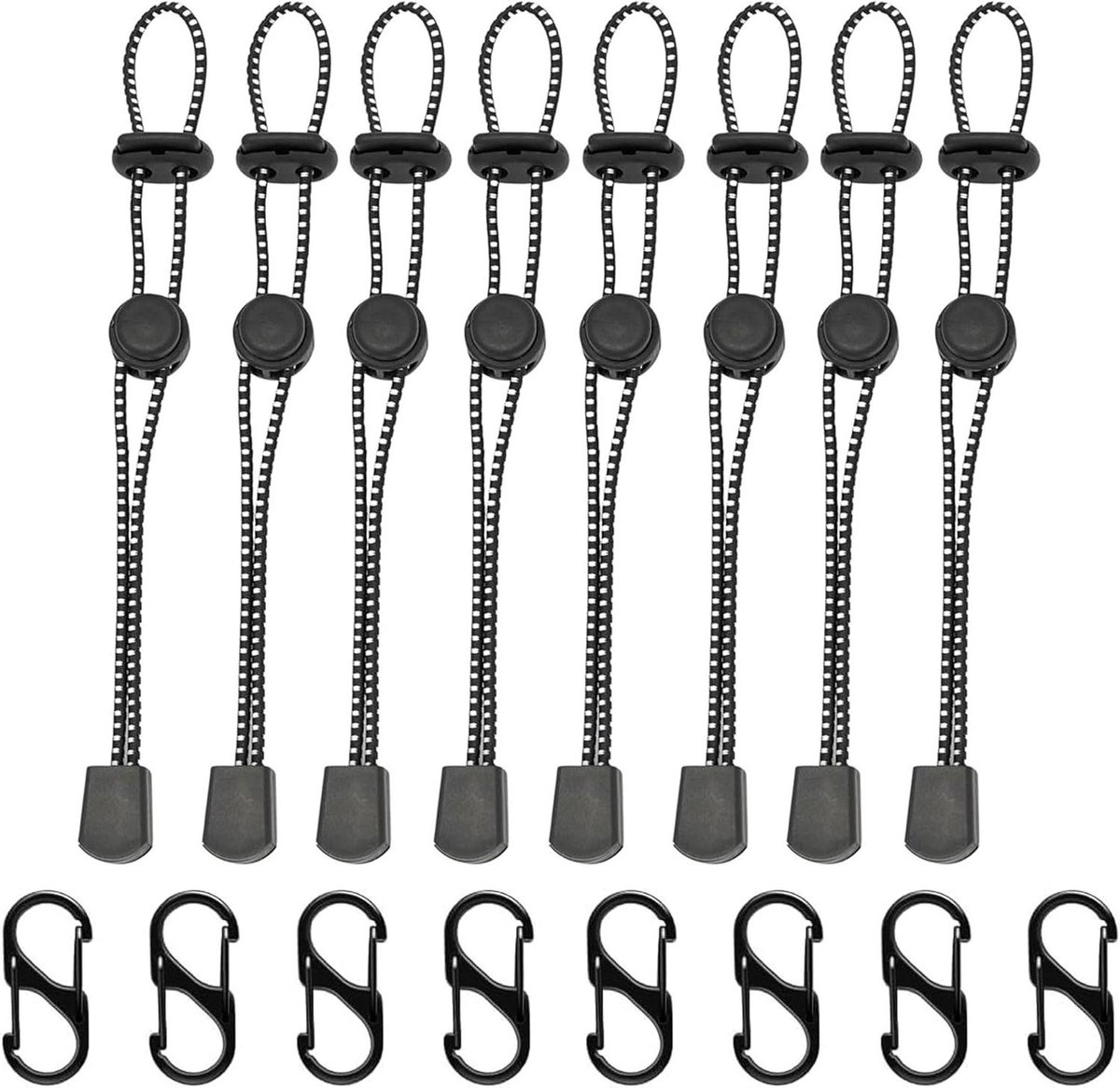 EGoods - Elastische koorden voor trekkingstokken en rugzak - 8 stuks zwart elastisch touw - 40 mm karabijnhaken - S-vorm - wandelstokken accessoires