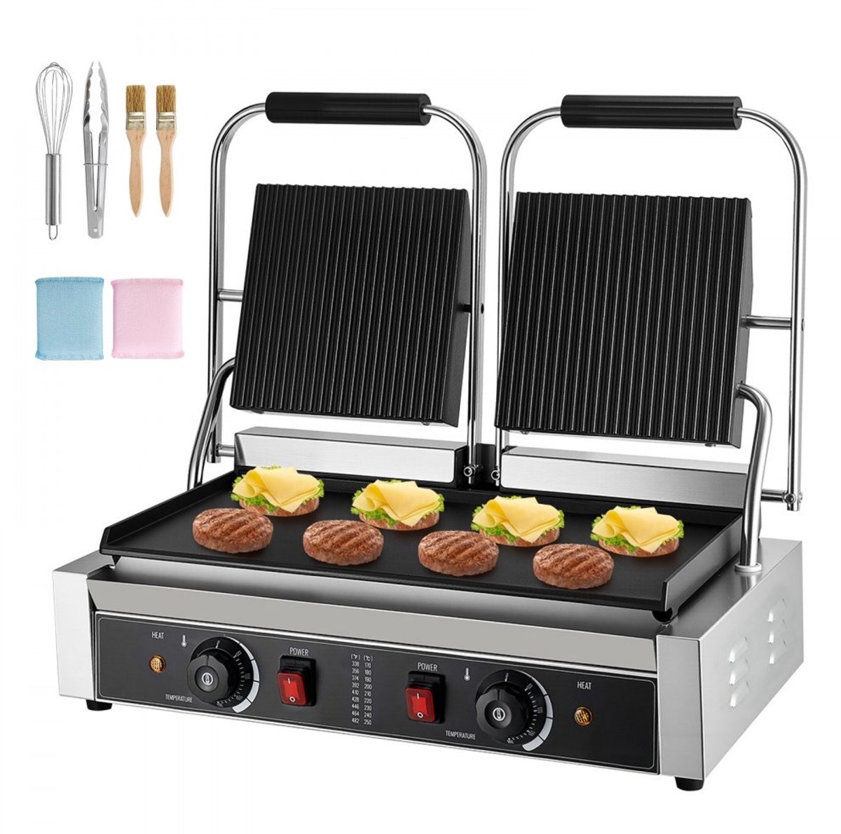 Panini Grill - Commerciële Contactgrill - 3600 W - 48 x 23 cm Verwarmingsplaat - Temperatuurregeling - RVS Behuizing - Paninipers/Sandwichmaker