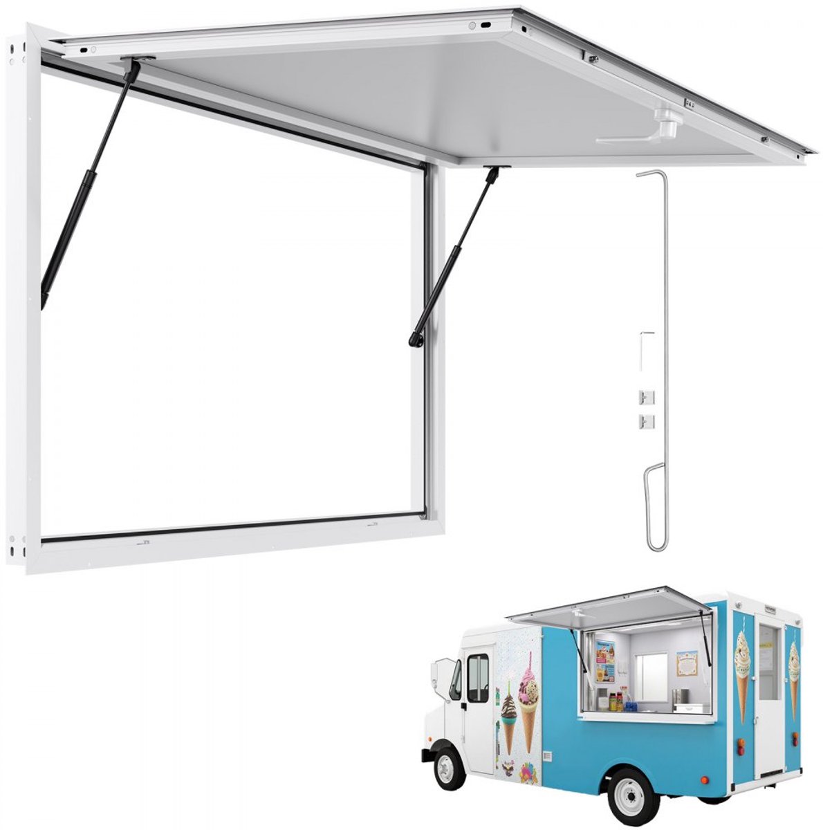 Serveerraam - Uitgifteraam voor Foodtruck & Foodtrailer - Afmeting 1346 x 838 mm - Aluminium Omlijsting - Openingshoek 85° - Regenbestendig