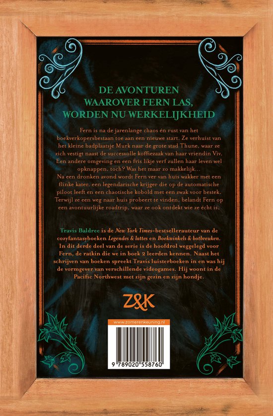 Achterkant boek: 'De avonturen waarover Fern las, worden nu werkelijkheid'. Bevat tekst over het verhaal, auteur Travis Baldree, en een barcode.