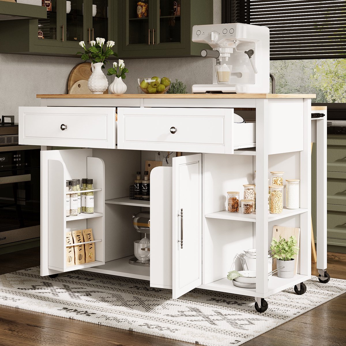Hoogwaardige kookeiland met wielen, Multifunctionele serveerwagen met houtnerf & grote opslagruimte, 2 lades & remmen, Keukenkar voor eetkamer, woonkamer, keuken