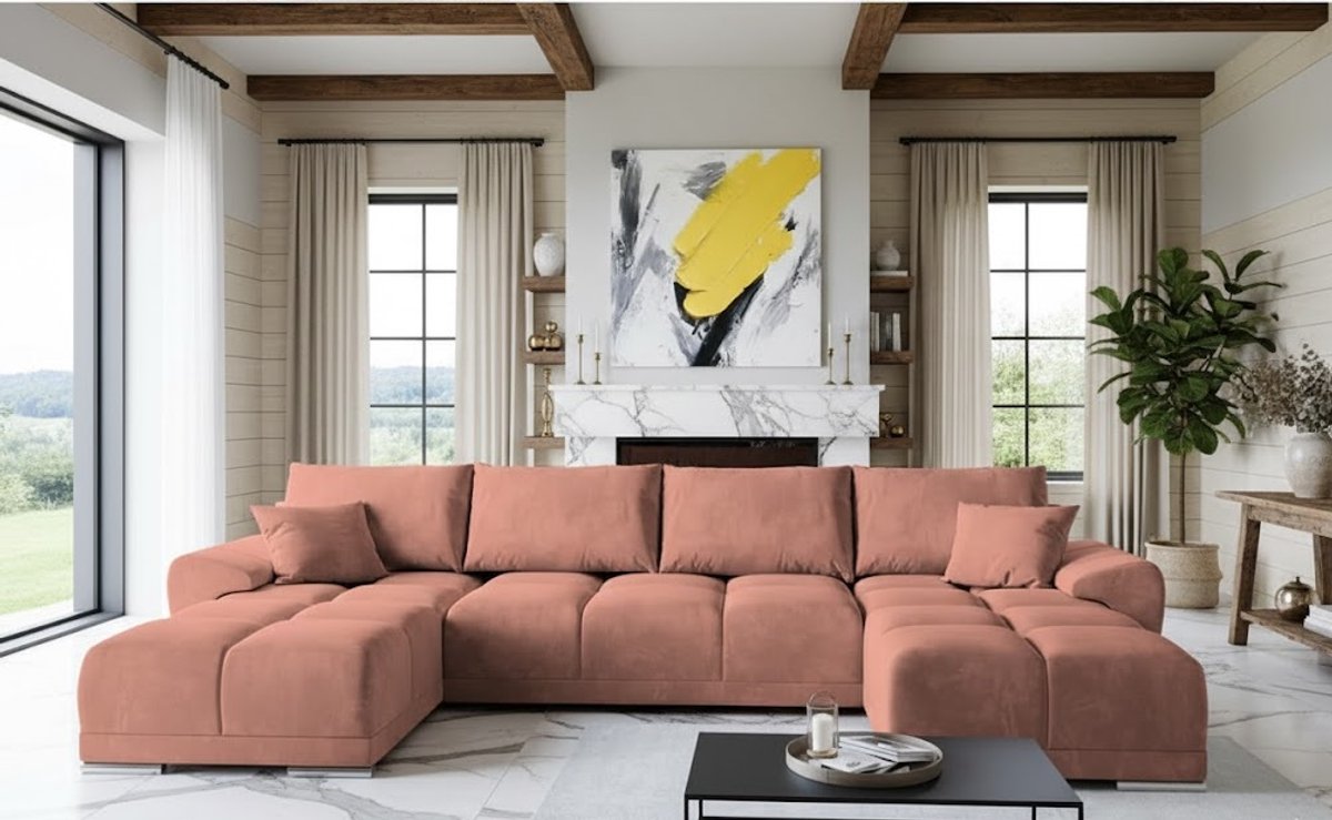U-vorm Hoekbank met Slaapfunctie en Opbergruimte 365x189 cm – Luxe Fluwelen Slaapbank met Kussens & Uittrekbare Bedfunctie – Comfortabele Grote Hoekbank in Roze – Moderne Woonkamerbank – Ganeey