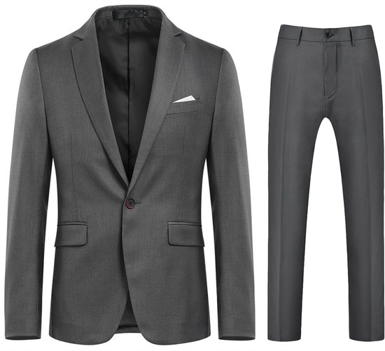 Donkergrijs herenpak: jasje met één knoop en witte pochet, bijpassende broek.