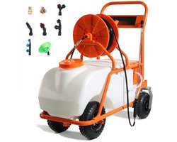Gazonverstuiver met wielen, instelbare druk 0-90 PSI, tank van 60 liter, 8 sproeikoppen, 2 sproeistokken, deksel met brede opening voor tuinieren, onkruid wieden en sproeien