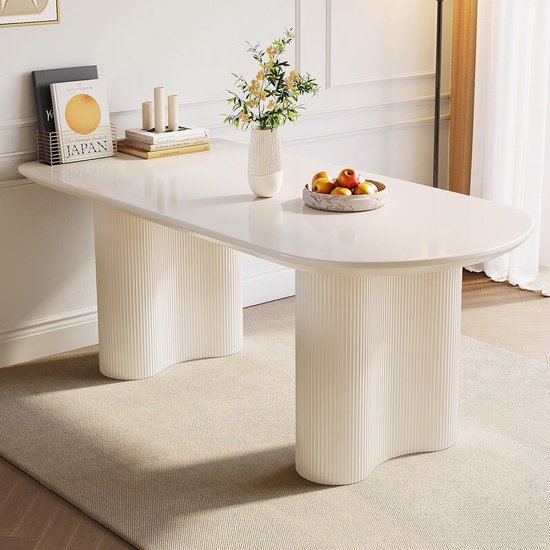 Eettafel Modern Minimalistisch Crème-Wit 160x80 cm – Rechte Tafel met Afgeronde Hoeken en Kolompoten – 4 tot 8 Personen – Design Eetkamertafel, Keukentafel of Woonkamertafel – Duurzaam & Krasbestendig – HomeByNicole