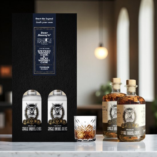 Deer Jimmy's Make Your Own Whisky - Duo Set - Scotch Whisky Speyside fût & Islay Cask - Faites mûrir votre eigen boisson avec des copeaux de bois provenant d'un fût de whisky usagé