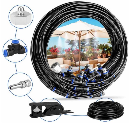 Terras Brumizeringsset 15M met 15 Sproeiers – Vernevelingssysteem voor Tuin, Serre & Trampoline – Waterbesparend Koelsysteem met UV-bestendige Slang en Metalen Aansluitingen - ANMI