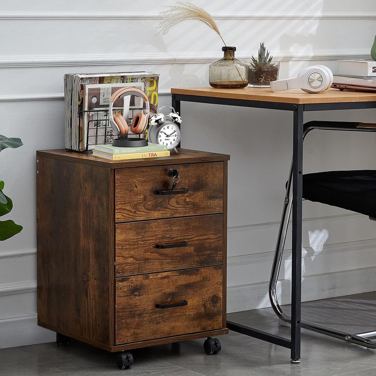 Industriële Mobiele Archiefkast met 3 - Bruin - 3 Lades Slot – Wieltjes, - Medahomestore