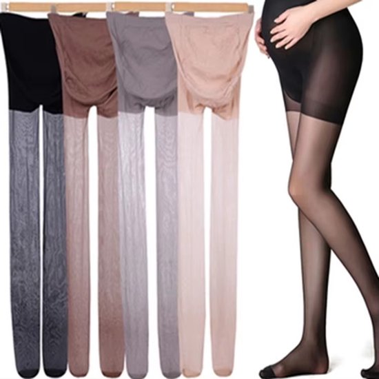Vijf zwangerschapspanty's in verschillende kleuren: zwart, bruin, grijs, nude en donkergrijs. Naast een model in zwarte panty.