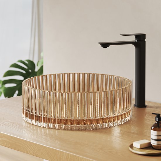 Lavabo en Verres EMKE - Nervuré - Verre cristal trempé - Intérieur lisse - Design moderne et élégant - Ø 40 cm - Ambre