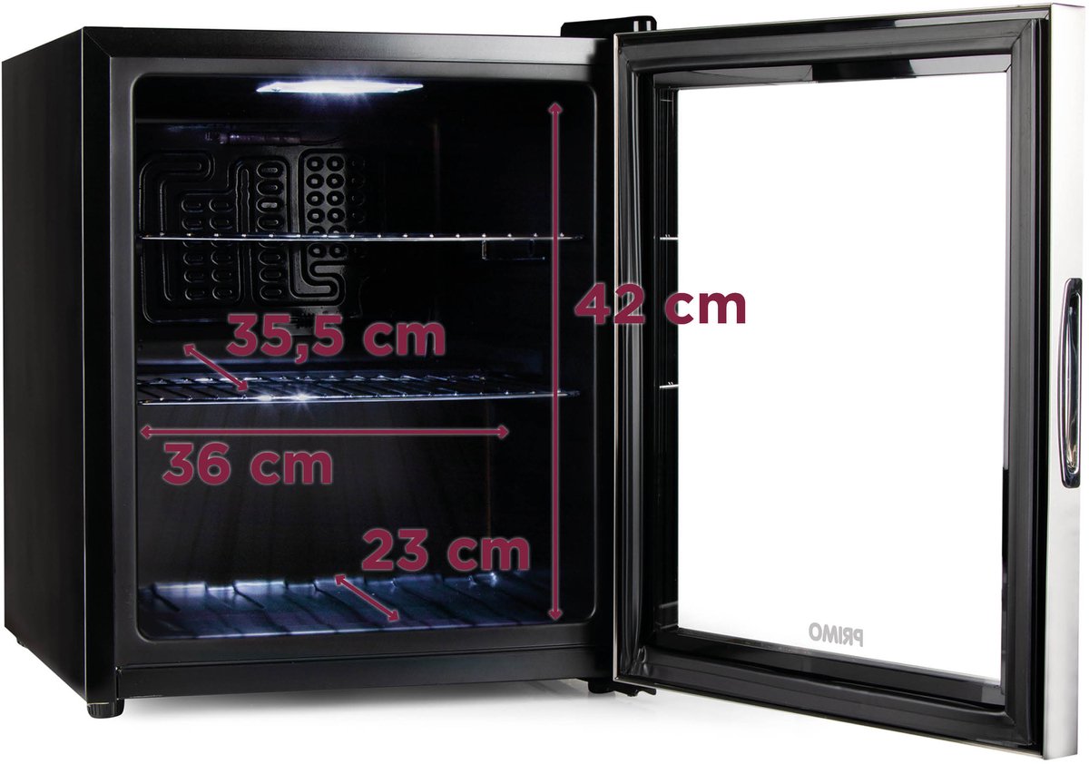 PRIMO PR178BC Drankkoelkast - Minibar - Mini Koelkast - Glazen deur - 46L - D - Zwart — afbeelding 4