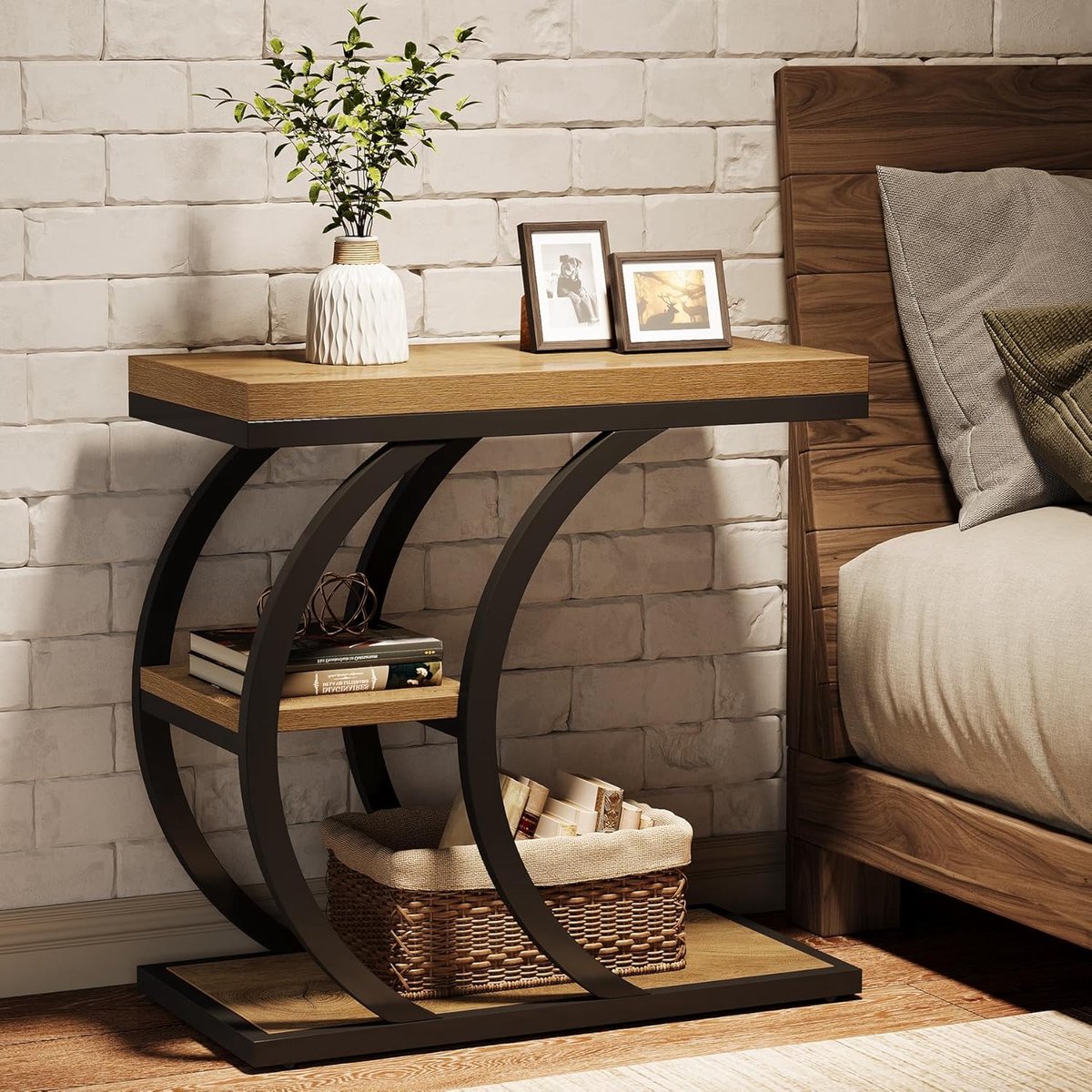 Tribesigns Bijzettafel - 3 Laags Slanke Bankbijzettafel met Opbergruimte - Natuurlijk - C-vormige Houten Salontafel met voor Woonkamer, Slaapkamer, Kleine Ruimtes, Natuurlijk