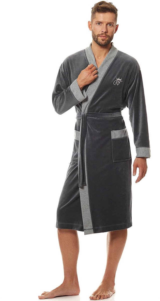 Heren Badjas - Badjas - Grijze badjas - Badjas met kraag - Badjas veloursstof - Katoenen badjas - Lange badjas - Maat XXL - Elegante badjas - Antraciet