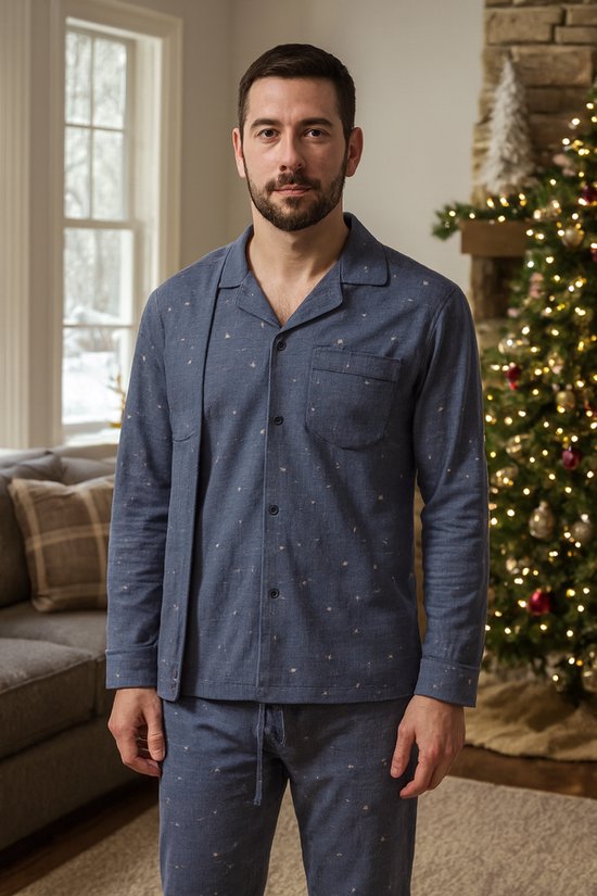 Pyjama homme - pyjama classique homme avec bouton complet - coton - bleu-gris - taille L/XL - pyjama d'hiver - pyjama d'hiver homme - fermeture boutonnée