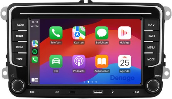 Zwart autoradio-display met iconen voor Telefoon, Kaarten, Berichten, Huidige, Car, Podcasts, Audioboeken en Agenda. Toont 'Denago'.