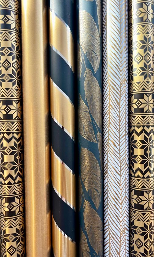 Inpakpapier Kerst Goud 6 Luxe dubbelzijdige Rollen- Breedte 70 cm - 2m lang
