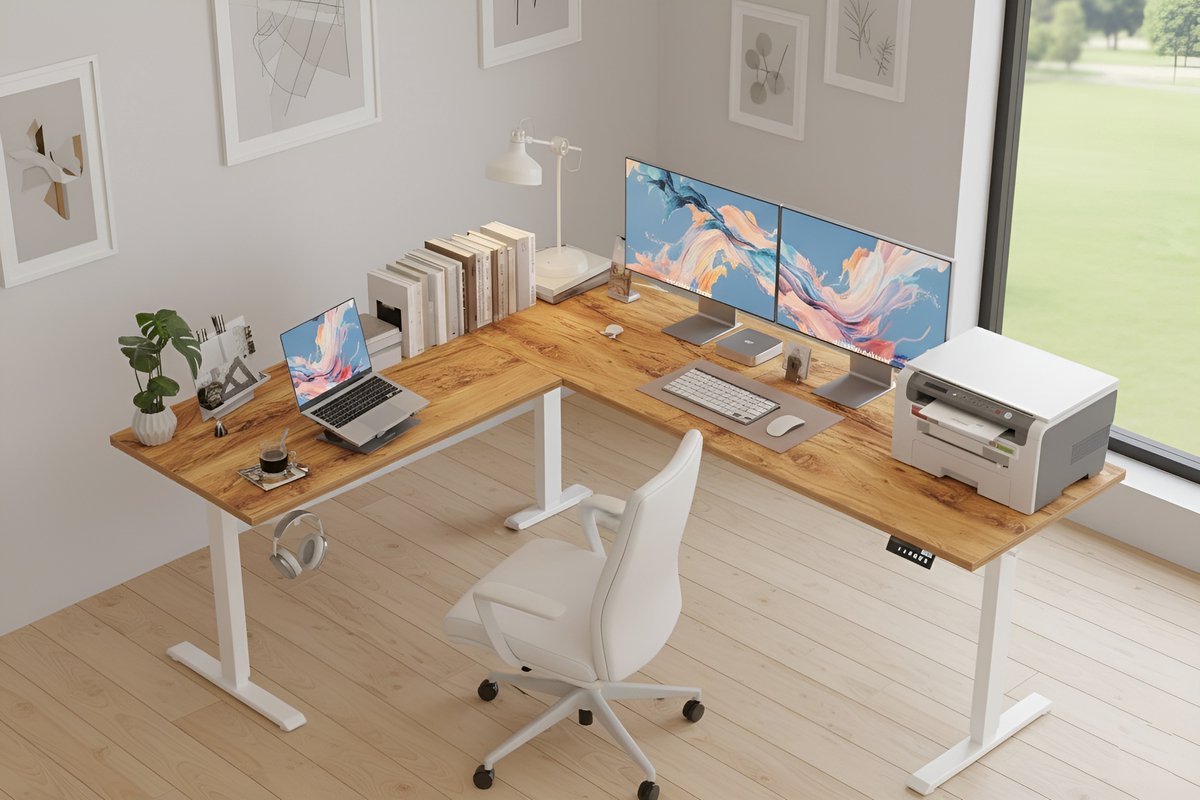 In Hoogte Verstelbaar L-Vormig Bureau 150x125 cm – Ergonomisch Hoekbureau met Geheugenfunctie, Anti-Botsing & Stil Motor Systeem – Ruim Sta- en Zitbureau voor Werk & Studie – Lichtbruin Eiken – HomeByNicole