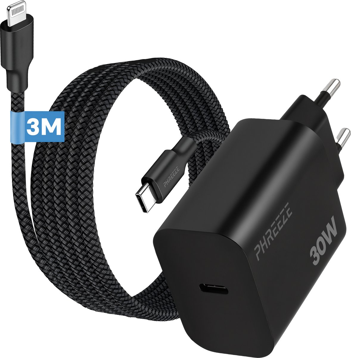 Phreeze 30w usb C snellader geschikt voor iPhone en iPad - Met geschikt voor usb C naar Lightning kabel 3 meter - Oplader