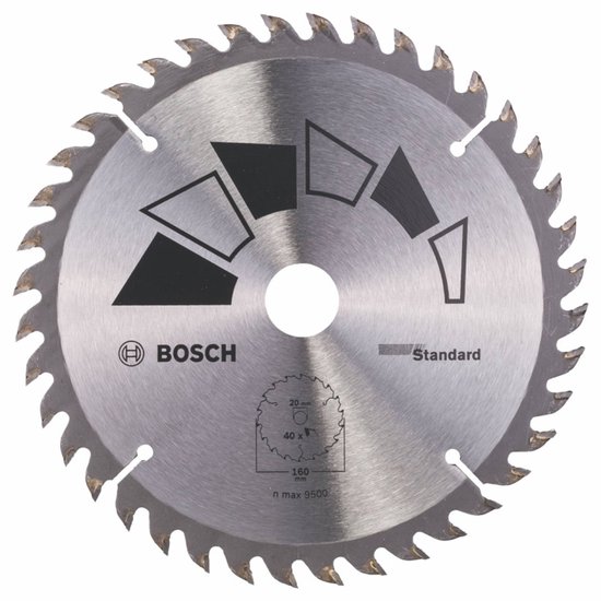 Bosch Standard cirkelzaagblad, 160 mm doorsnee, 40 tanden, met zilverkleurige tanden en zwarte accenten.