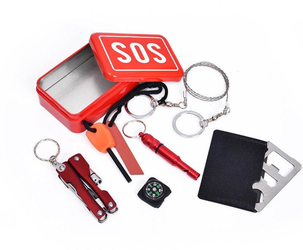 Outdoor Survival Kit in Blikje – SOS Noodpakket met Magnesium Fire Starter, Kompas & Noodfluit – Prepping & Bushcraft Set