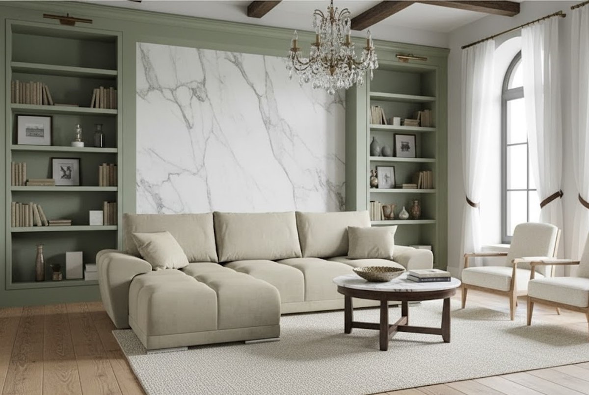 L-Vormige Fluwelen Hoekbank met Slaapfunctie en Opbergruimte – Luxe Uittrekbare Slaapbank 289x189 cm met Kussens – Comfortabele Crème Hoekbank Bedfunctie – CollFeel Schuim – Ganeey