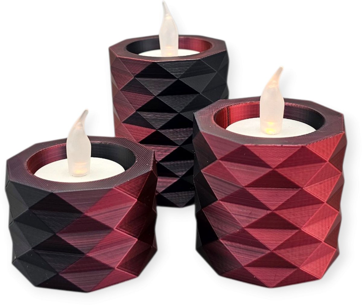 Layerzz - 3D-geprinte waxinelichthouders met LED lichtjes – moderne sfeerverlichting (niet geschikt tegen hitte) - set van 3 - meerkleurig Rood zwart