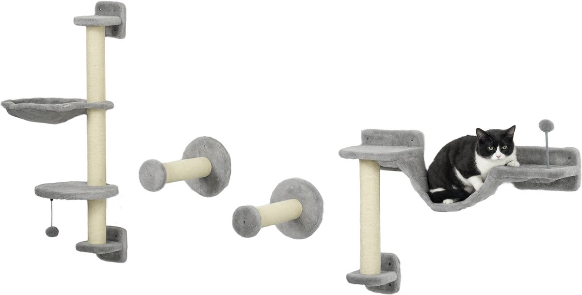 PawHut-kattenplankset - hout - 84,5 x 19 x 54 cm - grijs