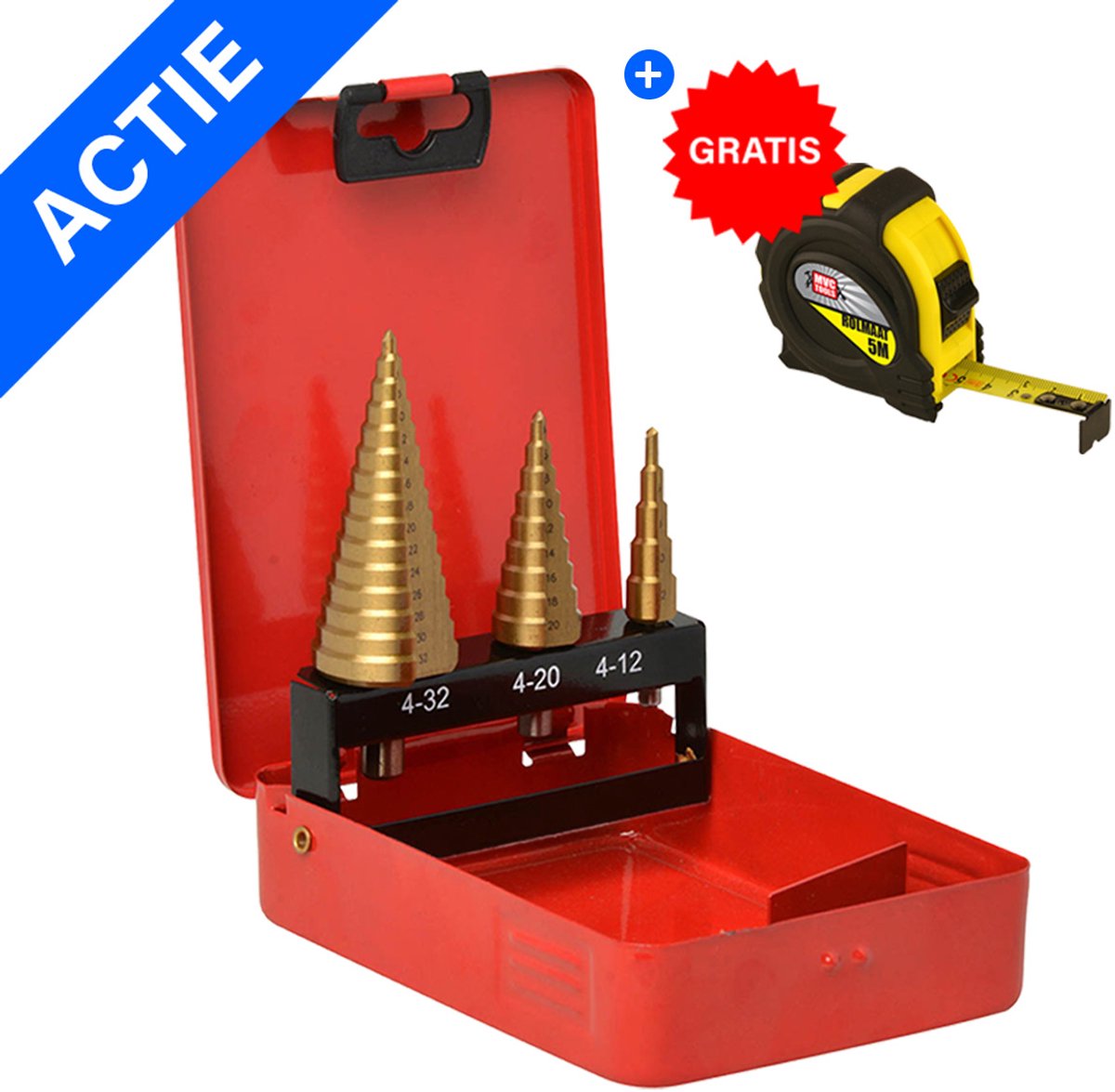 3-delige Trapeziumboorset - Trappenboor - 4-12mm / 4-20mm / 4-32mm - Tin Coated HSS - Geschikt voor Diverse Materialen - Metalen Doos - Incl. Gratis Rolmaat